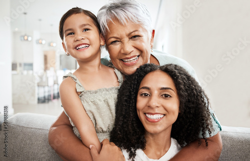 Family, generations and hug with love in portrait and care at home, mother and grandmother with child smile and bond. Happiness, relationship and solidarity, women and girl with quality time together