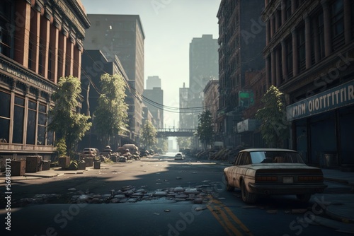Abandoned city post apocalypse empty street background. Generative AI