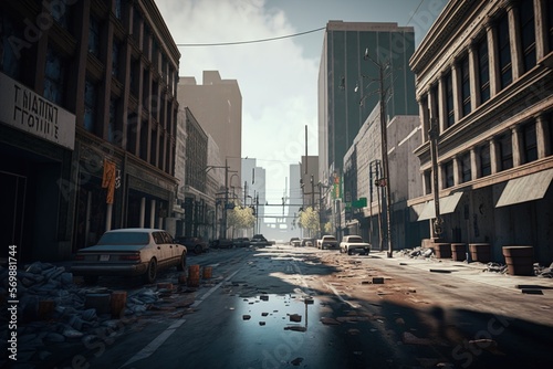 Abandoned city post apocalypse empty street background. Generative AI