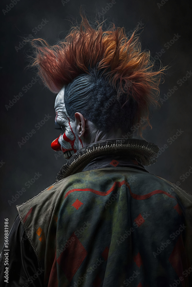 a hyper realistic clown, from behind, horror