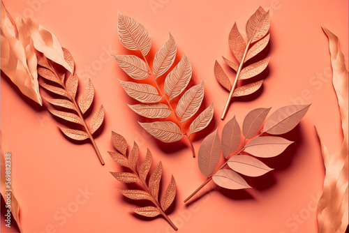Pattern of dry orange metallic leaves on pink background. Generative Ai