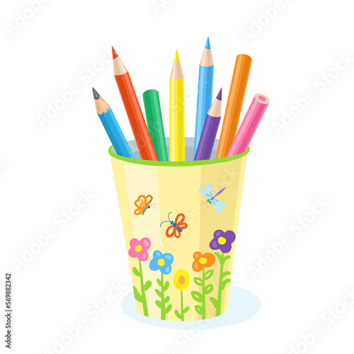 Beautiful plastic glass with colored pencils. School supplies in cartoon style. Isolated on white background. Vector flat illustration.