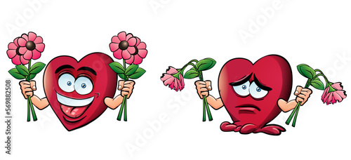 Cartoon Valentines hart before and after he is rejected by his girlfriend