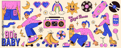 Retro trendy stickers set in 90s style. Cool girl characters on skate and roller. 90s baby. Nostalgia for old aesthetic 90s -2000s. Y2K. Vector illustration