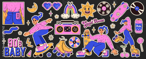 Retro trendy stickers set in 90s style. Cool girl characters on skate and roller. 90s baby. Nostalgia for old aesthetic 90s -2000s. Y2K. Vector illustration
