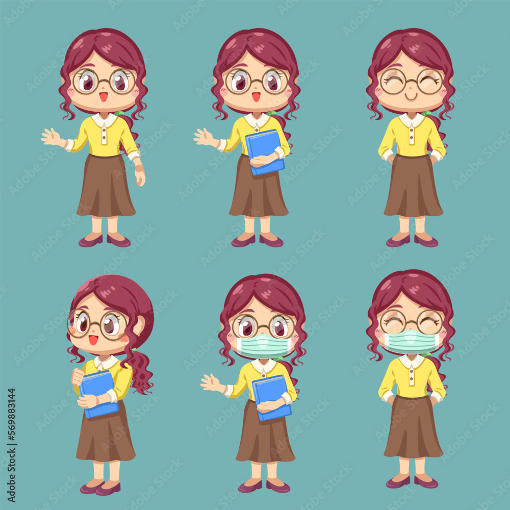 Set of Teacher female in cartoon character vector Set of Teacher female in cartoon character vector