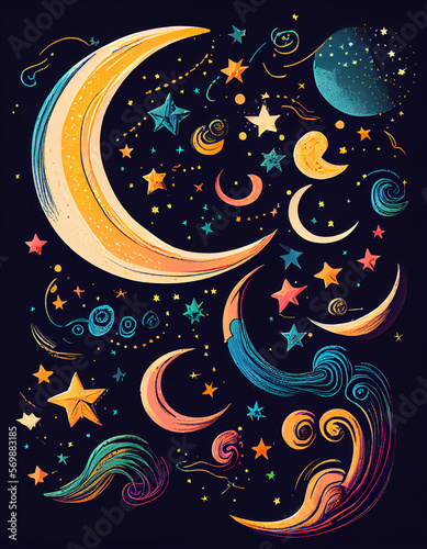 Colorful and playful hand drawn stars and crescent moons