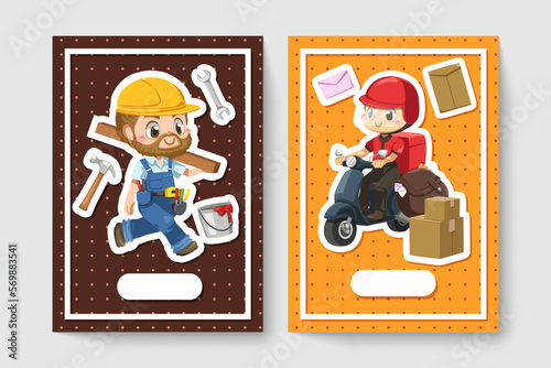 card of repairman and delivery man in cartoon character vector