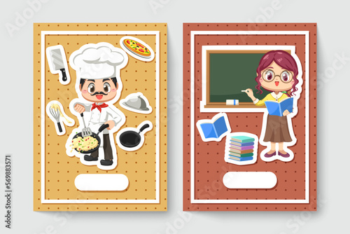 Card of chef man and female teacher in cartoon character vector