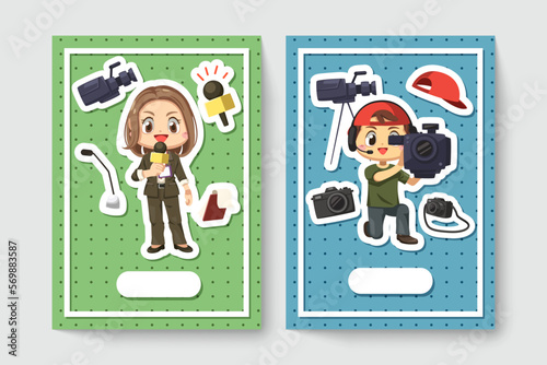 Card of cheerful female journalist and videographer in cartoon character