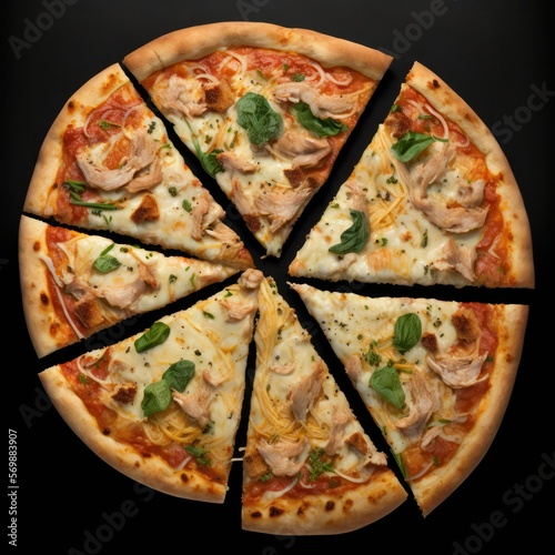 Pizza mit Chicken-Streifen (Hähnchen) und leckerem Käse von oben vor einem schwarzen Hintergrund (Food-Design / Generative AI)