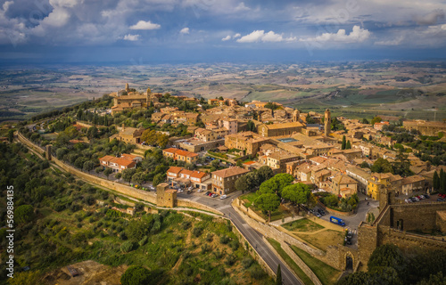 Scenery of Montalchino  a beautiful medieval town in Tuscany. Italy. Aerial drone shot  october 2022