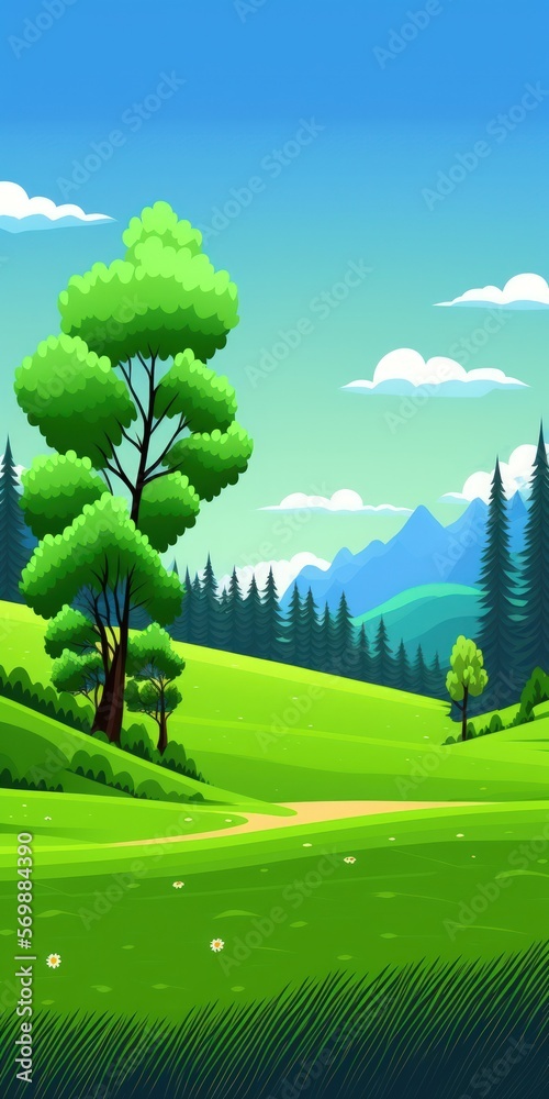 Green grass and forest under a blue sky. A green field with the edge of the forest on a sunny day in a mountainous area. Field and forest on the background of a mountain. Generative AI