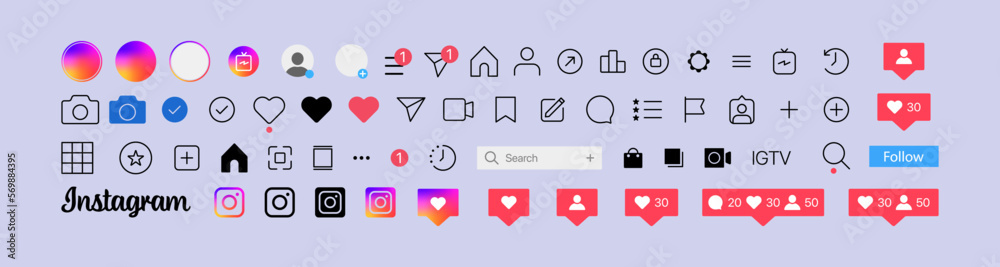 Instagram button icon. Set instagram screen social media and social