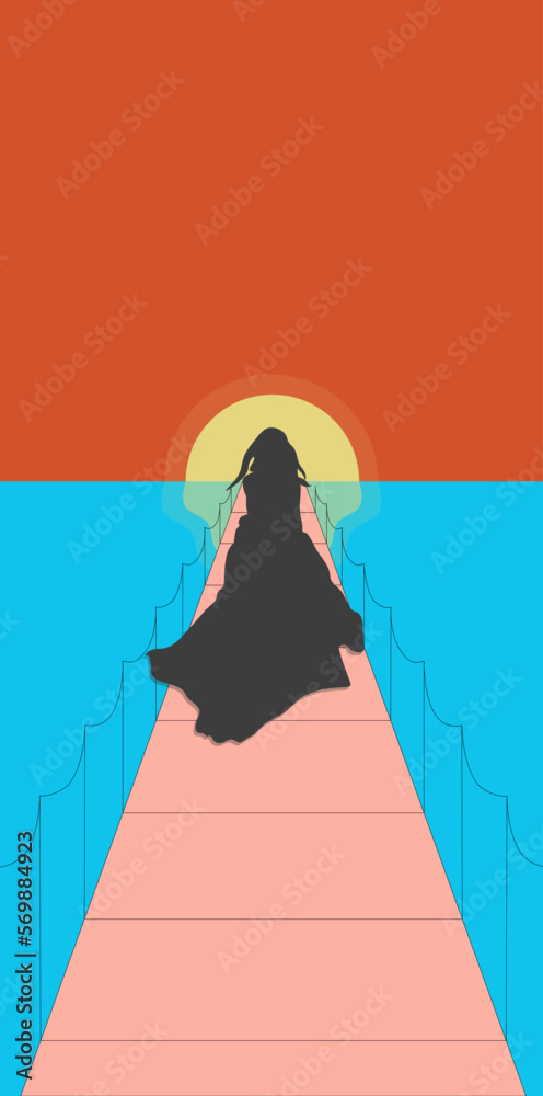 Fototapeta premium silhouette of a girl running on a bridge at sunset