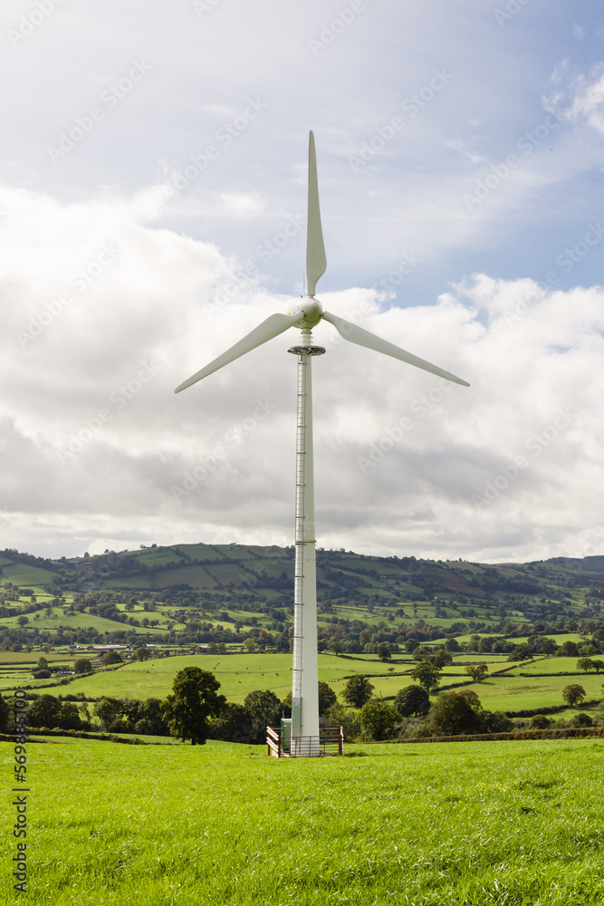 Wind turbine in the rural farming landscape above the Tanat Valley in Powys North Wales