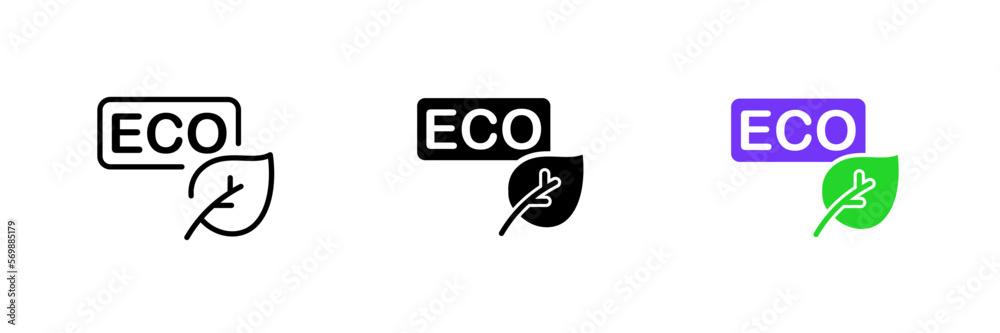 Green leaf with the inscription eco. Ecology, save the planet, environment, plants, green energy, zero waste. Vector set icon in line, black and colorful styles isolated on white background Green leaf with the inscription eco. Ecology, save the planet, environment, plants, green energy, zero waste. Vector set icon in line, black and colorful styles isolated on white background