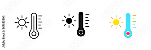 Thermometer and sun. Summer, heat, warming, Celsius, Kelvin, Fahrenheit. Vector set icon in line, black and colorful styles isolated on white background