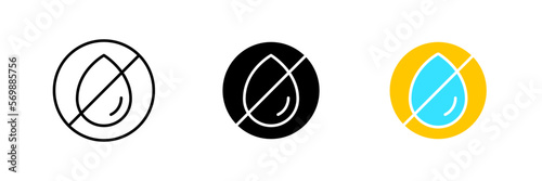 Crossed out waterdrop. Water, waterproof, hydrophobic, do not enter with water, no entry, harmful substances. Vector set icon in line, black and colorful styles isolated on white background