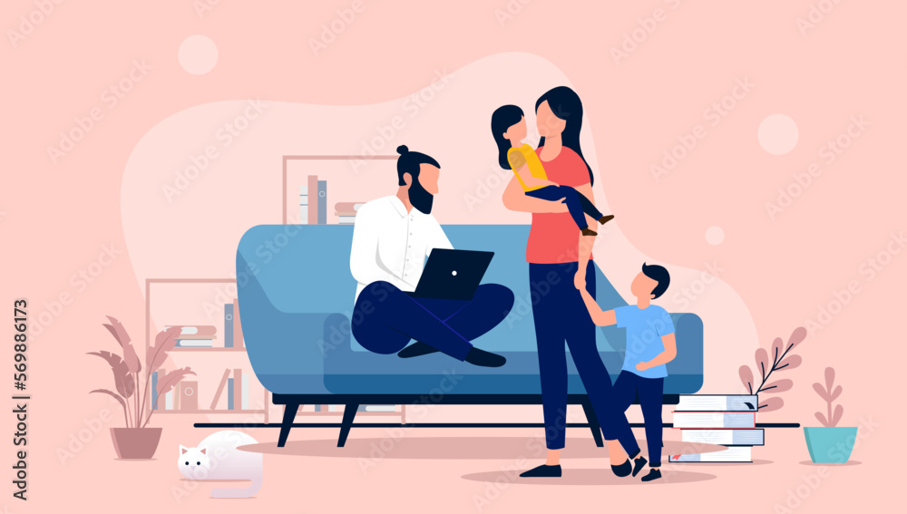 Fototapeta premium Busy dad working - Man doing work indoors with wife and kids waiting. Flat design vector illustration