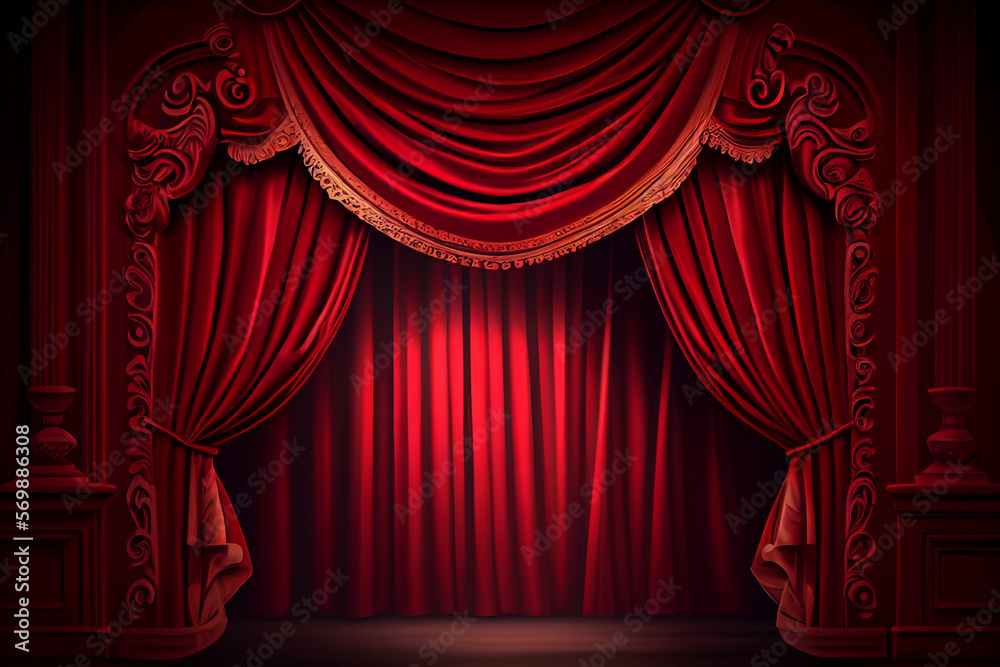 Theater stage with red curtains and spotlights. Theatrical scene in the light of searchlights, the interior of the old theater. - obrazy, fototapety, plakaty 