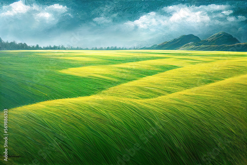 The arrival spring brings lush green fields, juicy grass shimmers with different shades under the sun. Spacious field, a sign new growth rejuvenation. cultivated land is a peaceful beautiful Ai
