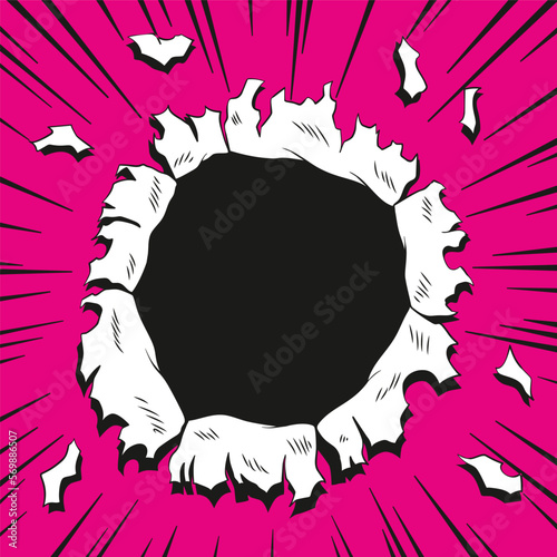 Comic book hole. Vector paper is torn through boom explosion. Circle hole in the middle on green background. Comics style cover template or flyer wallpaper