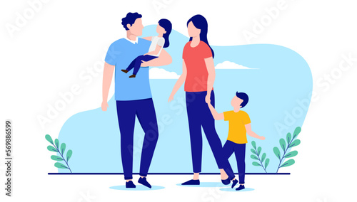 Vector family - Mother and father parents with two kids standing holding the children. Flat design illustration with white background