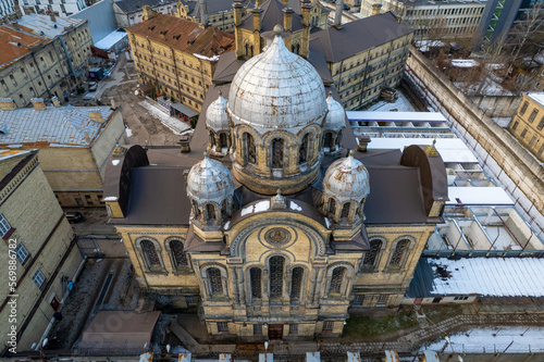 Aerial beautiful winter morning view of Lukiskes Prison, Vilnius, Lithuania photo