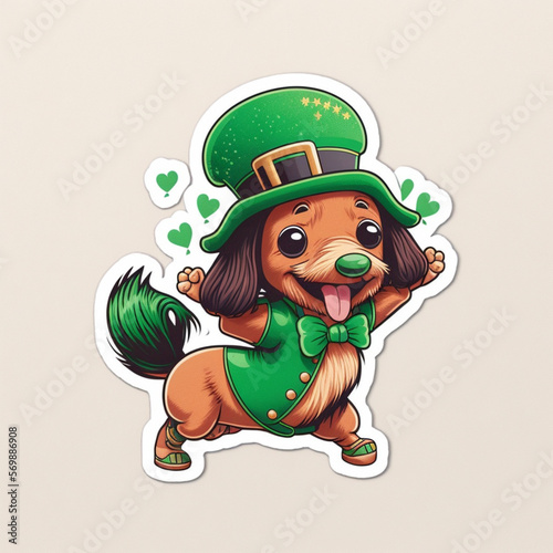 sticker, cute happy chibi dancing daschund dressed as a leprechaun