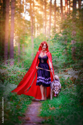 Red-haired beautiful girl in the forest. Girl from a fairy tale. The girl is walking with a wolf  a dog. Redhead. Outdoors. Girl in a red cape. Girl in a red coat. Summer. Little Red Riding Hood. Girl