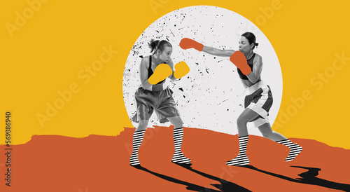 Modern creative design. Contemporary art. Two competitive women, martial art sportsmen training, fighting. Professional combat sport athletes. Sport, motion, action, competition concept. Bright colors