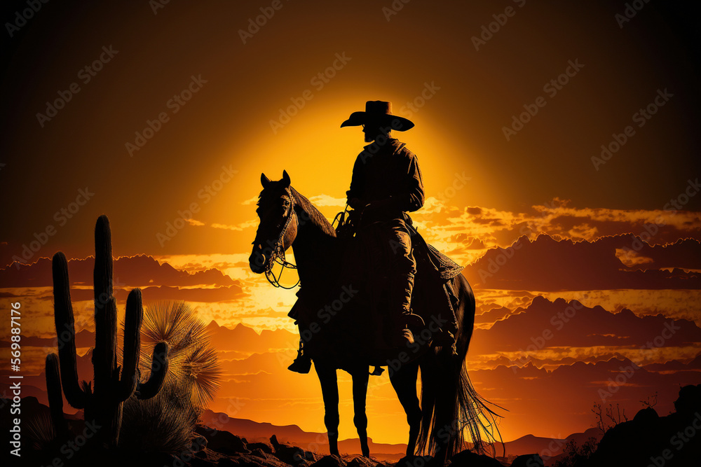 Cowboy silhouette on a horse at sunset, generative AI