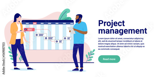 Project management - Man and woman in office working on planning and scheduling work week. Flat design vector illustration with white background