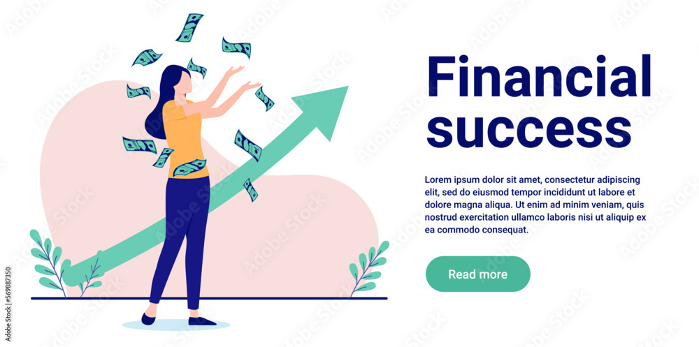 Financial success - Businesswoman making money in front of green arrow pointing upwards to growth. Flat design vector illustration with copy space for text and white background