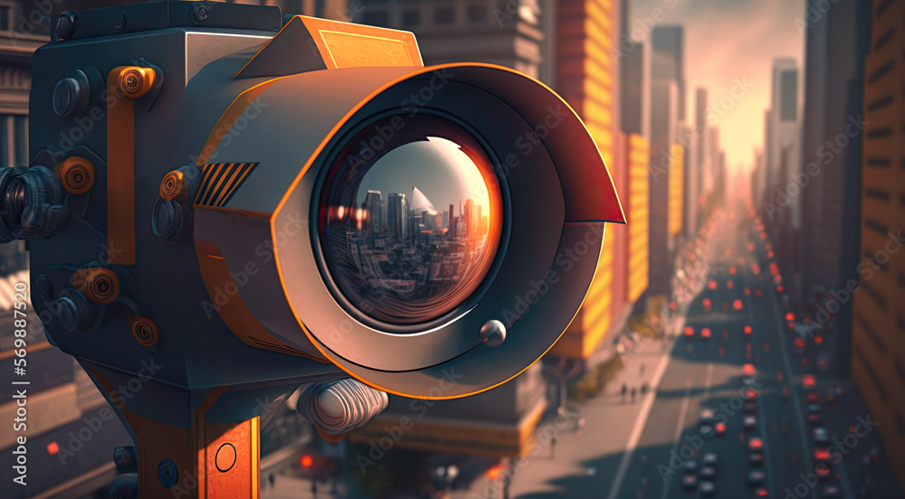 A close-up of a security camera keeping an eye on the busy activity of a city street. Generative AI illustration