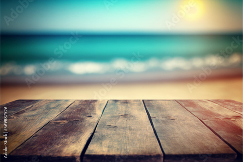 wooden table blurred sea background summer. Generative Ai