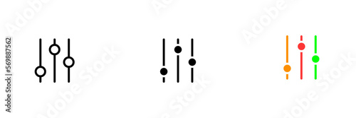 Sliders for adjustment. Settings, customization, set up, install, control panel, buttons, regulation. Vector set icon in line, black and colorful styles isolated on white background