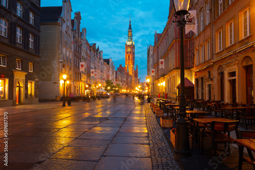 2022-06-09: Old Town in Gdansk, Dluga Street at night. Travel destinations. Poland