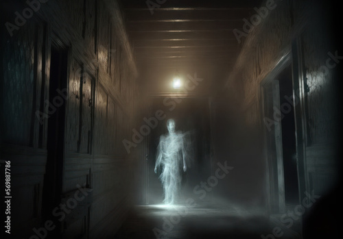 In a creepy abandoned house the ghostly figure of a long-dead inhabitant takes form in the supernatural fog. Generative AI illustration