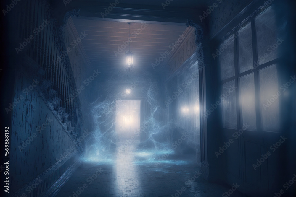 An eerie hallway filled with supernatural fog in abandoned haunted house. Generative AI illustration