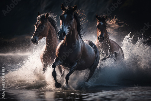 Galloping horses jumping over the camera in a river dark background,generative ai.