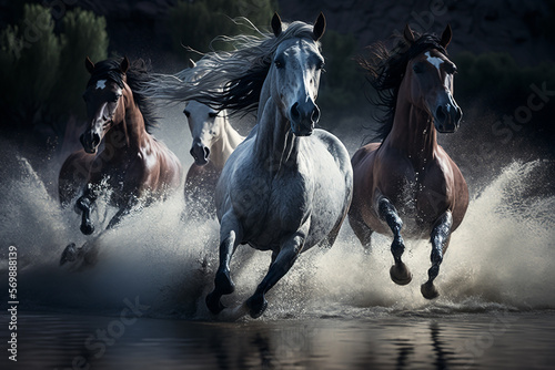 Galloping horses jumping over the camera in a river dark background,generative ai.