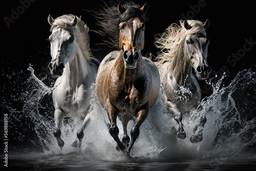 Galloping horses jumping over the camera in a river dark background generative ai.
