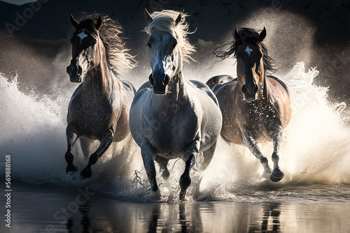 Galloping horses jumping over the camera in a river dark background generative ai.