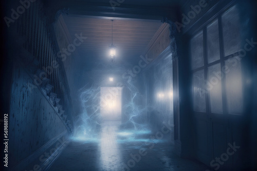 An eerie hallway filled with supernatural fog in abandoned haunted house. Generative AI illustration