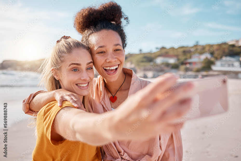 Beach, selfie and friends on summer, vacation or holiday, happy and smile while bonding by the ocean. Travel, freedom and women hug for photo, profile picture or social media post in Miami Beach, selfie and friends on summer, vacation or holiday, happy and smile while bonding by the ocean. Travel, freedom and women hug for photo, profile picture or social media post in Miami