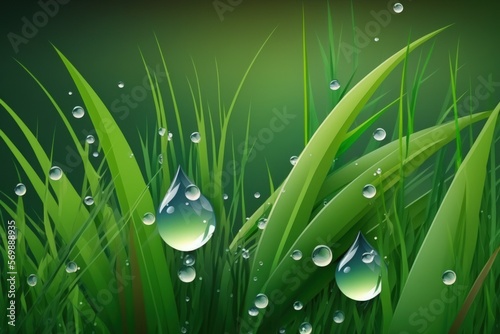 green grass with dewdrops after a rain, green grass with water drops in close up, and green grass with water drops in top view. Generative AI