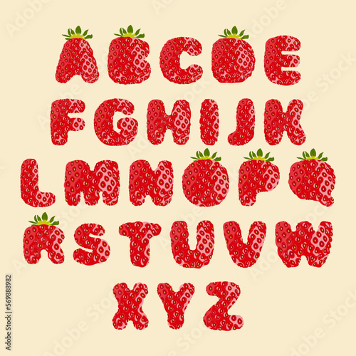 Font with strawberry texture. Cute English alphabet with letters in the form of ripe red strawberries. Cartoon berry children's font. Vector illustration.