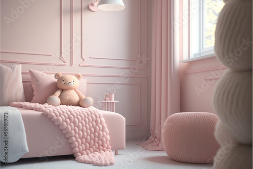 photography of a pastel pink child bedroom fluffy furn. Generative Ai